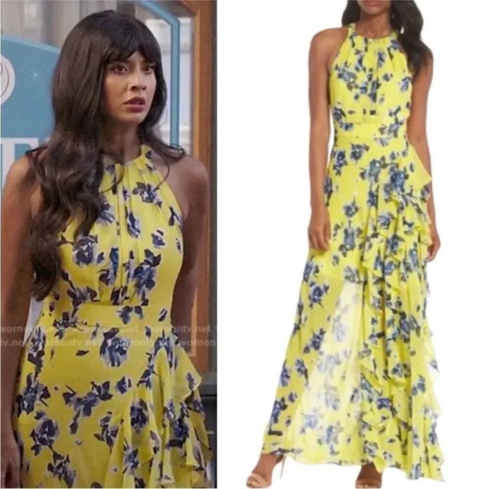 Eliza J NWT Halter Ruffle Maxi Dress Sleeveless Chiffon Gown Yellow Blue $178